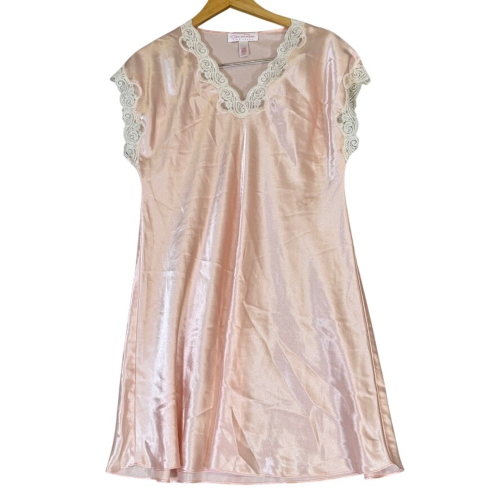 Oscar de la Renta Pink Label Satin Lace Trim Nightgown Blush Pink Medium